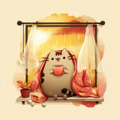 Cozy cat enjoying warm beverage by the window during sunset with a blanket and potted plant nearby Generative AI