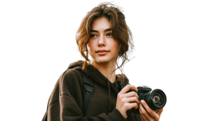 Young woman holding a camera, looking confident and creative, with a casual style.