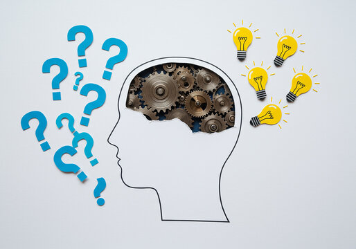 Human head silhouette with gears and light bulbs - Powered by Adobe