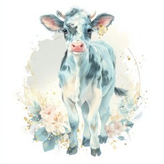 Cute blue and white calf standing among flowers in a soft pastel illustration capturing the essence of farm life Generative AI