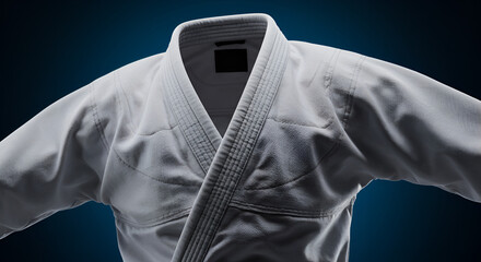 Studio Shot of a Traditional White Martial Arts Uniform on a Gradient Blue Background