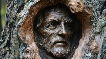 Intricate wooden carving of a weathered man's face.