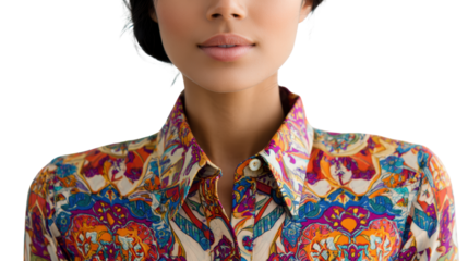 Young woman with stylish shirt, confident expression, studio portrait, isolated background