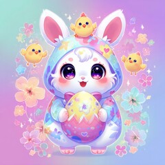 Cute cartoon character in pastel colors holding an Easter egg surrounded by cheerful chicks and flowers Generative AI