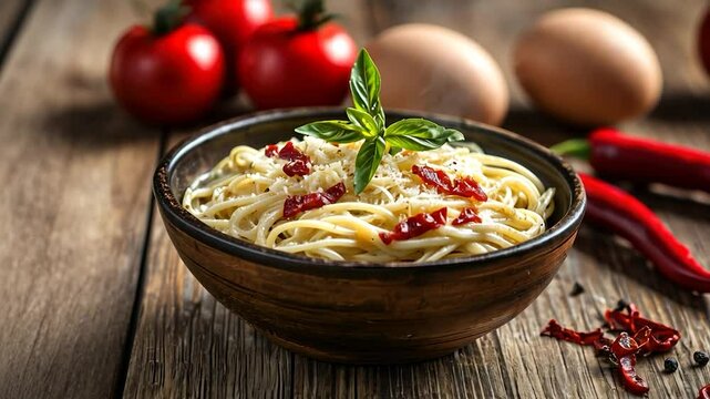 A bowl of spaghetti aglio e olio with sundried tomatoes, basil, and parmesan cheese, alongside red chilies and eggs, on a rustic wooden table