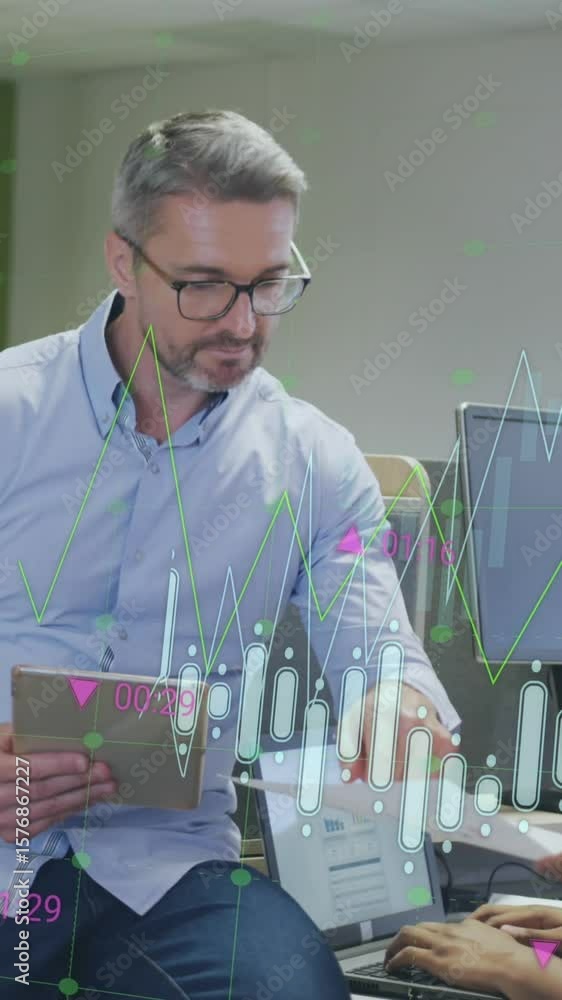 Poster animation of multiple graphs and changing numbers over diverse coworkers discussing reports on desk