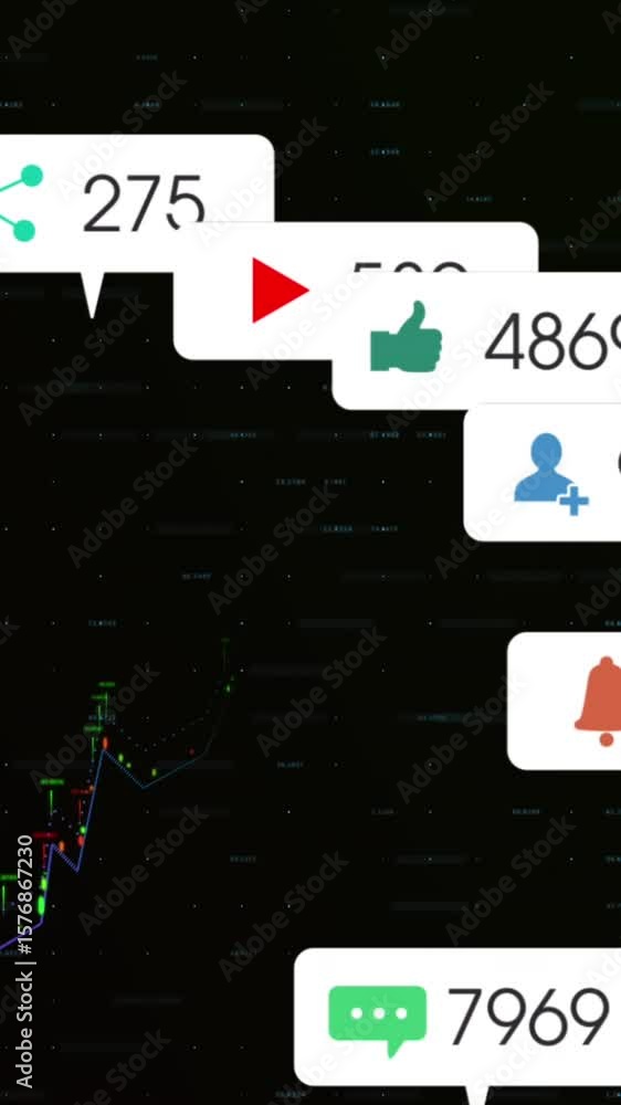 Poster animation of notification bars over graphs and changing numbers over black background