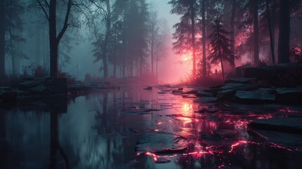 Obraz premium Misty forest river at dawn, vibrant colors