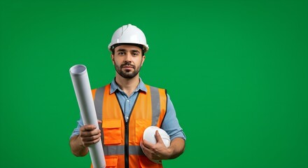 Green screen portrait confident male architect holding blueprint tube hard hat safety vest construction branding industrial design generative ai
