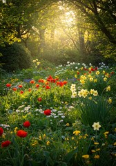Fototapeta premium Vibrant Spring Flowers in a Sunlit Garden