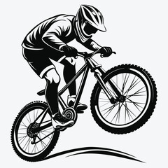 Naklejka premium Dynamic black and white illustration of a mountain biker performing a wheelie