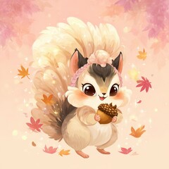 Cute squirrel character holding acorn surrounded by autumn leaves in a magical forest setting Generative AI