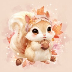 Cute squirrel holding acorn with leaves in autumn colors during a serene fall day Generative AI