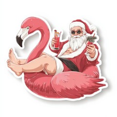 Santa Claus enjoys a tropical vacation on a flamingo float while sipping cocktails in a sunny setting Generative AI