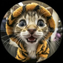 Kitten wearing a tiger costume with a joyful expression in a cozy indoor setting during daylight Generative AI