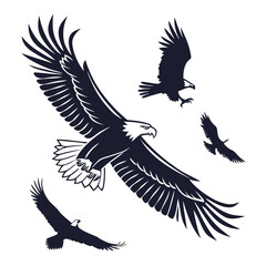 Obraz premium Four Eagle Silhouettes Vector Set Dark Blue Flight Birds