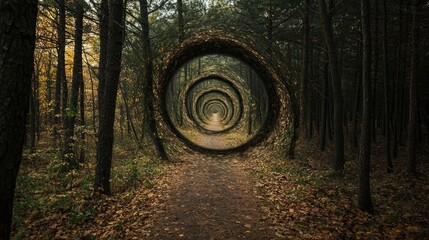 Forest path encircled by rings of fallen leaves.