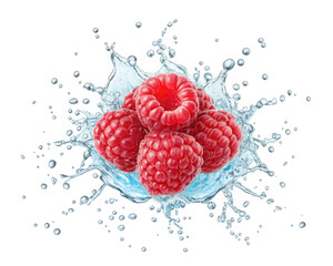 Fresh raspberries splashing in water isolated on transparent background