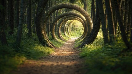 A pathway through a mystical forest with rings of trees.