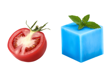 a tomato and a blue cube of ice
