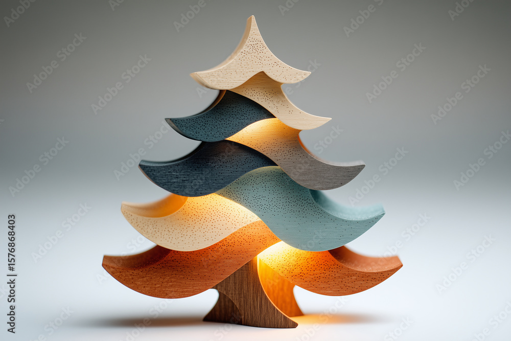 Poster a layered wooden christmas tree with light shining through the layers on a plain background view clo