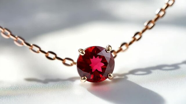 Elegant ruby gemstone necklace with delicate gold chain on soft surface