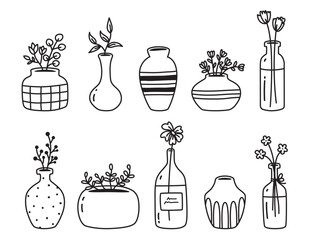 Modern flower vases hand drawn sketch drawing vector illustration set.
