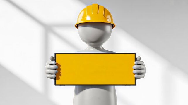 3d figure wearing construction helmet holding blank yellow sign for safety or message concept
