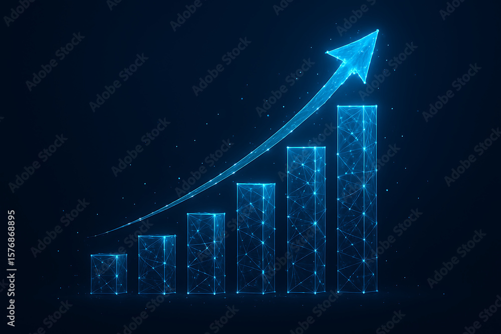 Poster futuristic glowing bar chart with rising arrow symbolizing financial increase data growth performanc