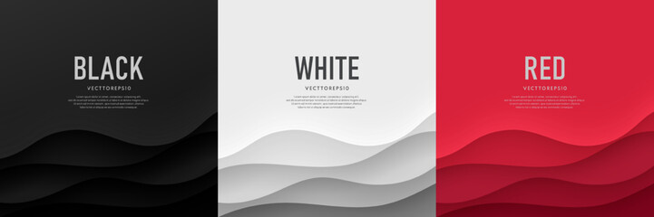 Set of black, white and red wavy curve stripes lines layers background in paper cut concept. Abstract banner design. Use for banner, cover, web, flyer, card, poster, wallpaper. Vector illustration.