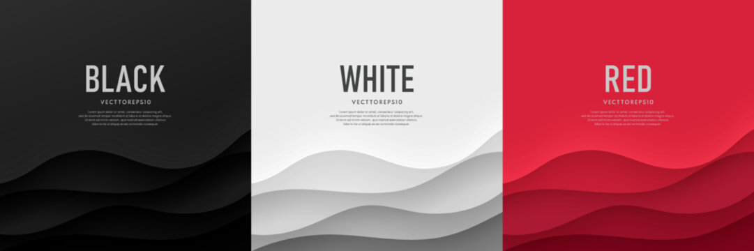 Set of black, white and red wavy curve stripes lines layers background in paper cut concept. Abstract banner design. Use for banner, cover, web, flyer, card, poster, wallpaper. Vector illustration.