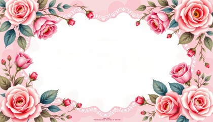 Pink roses floral frame with heart and leaves perfect for love card wedding decoration and spring gift design