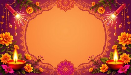a diwali inspired frame with glowing diyas, marigold flowers, firecrackers, and ornate henna patterns framing a vibrant center, perfect for festival promotions or celebratory greetings.