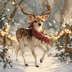 Deer wearing a red scarf walks through a snowy forest decorated with lights during wintertime Generative AI