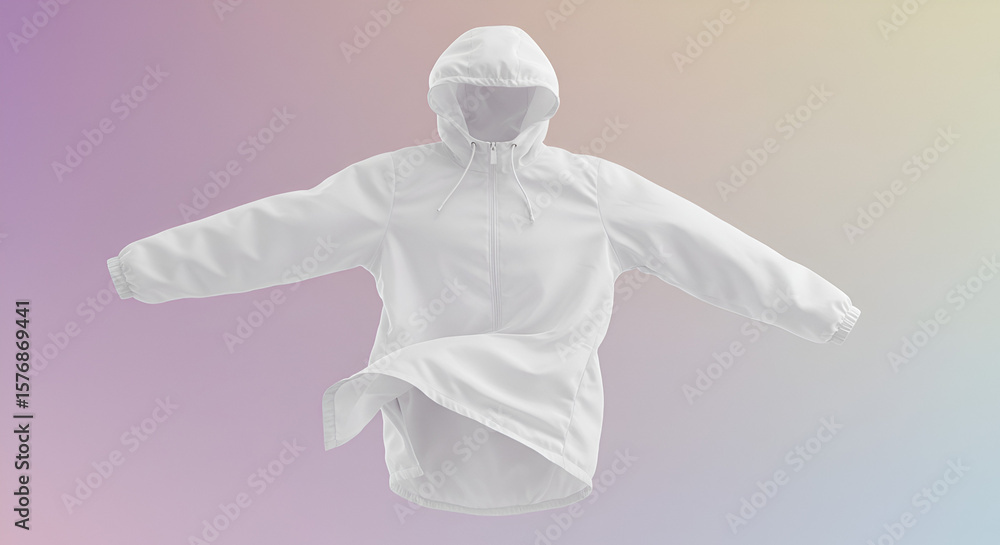 Poster white windbreaker jacket floating in air on a gradient backdrop ready for design and mockups