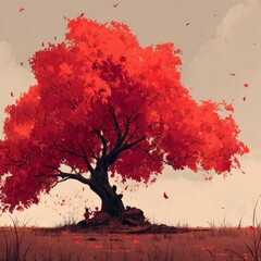 Vibrant red autumn tree stands alone in a serene landscape with falling leaves and soft clouds in the morning light Generative AI