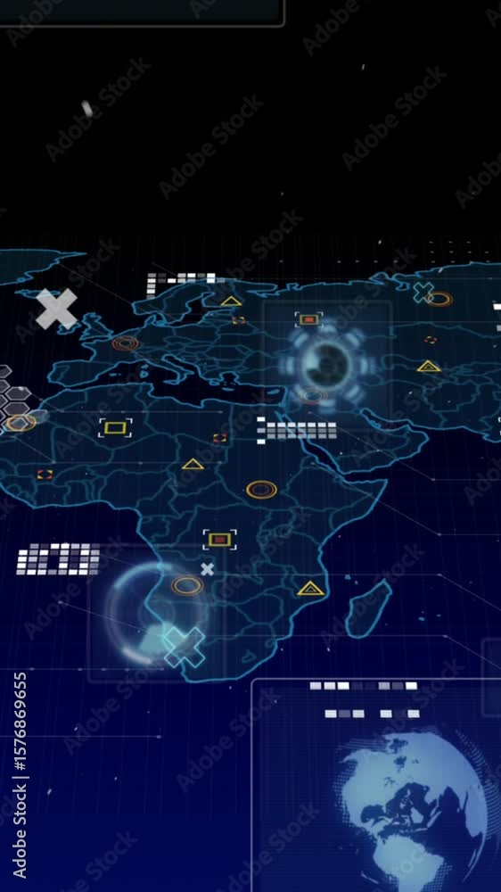 Poster animation of round scanners and data processing over world map against black background