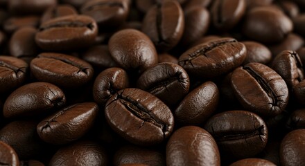 Extreme macro dark roasted coffee beans piled rich brown oily texture surface cracks café branding food visual generative ai