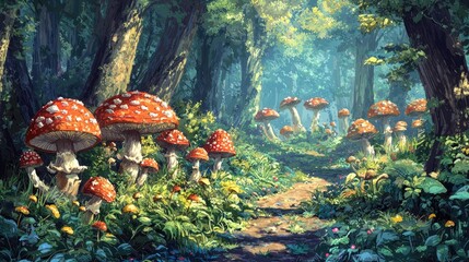 A vibrant, sunlit forest path lined with colorful mushrooms.