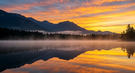 Fototapeta premium Sunrise serene mountain lake golden reflections still water layered mist sharp landscape natural color wallpaper generative ai