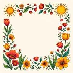 Fototapeta premium A colorful floral frame with tulips and the sun for a fun and friendly visual storytelling experience.