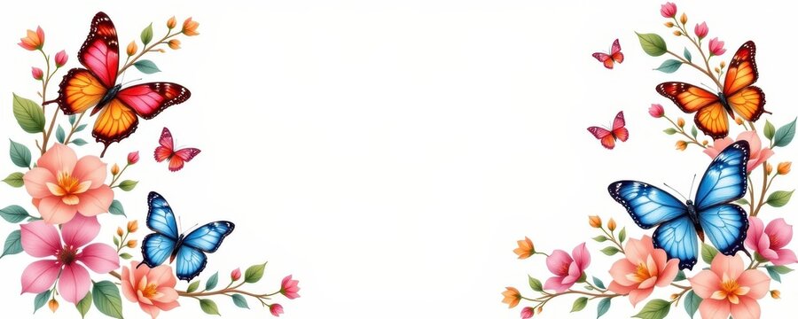 a frame of watercolor butterflies fluttering across soft floral vines, perfect for inspirational quote cards or feminine seasonal promotions.