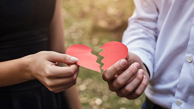 Man and woman holding broken red heart symbolizing relationship breakup and sadness
