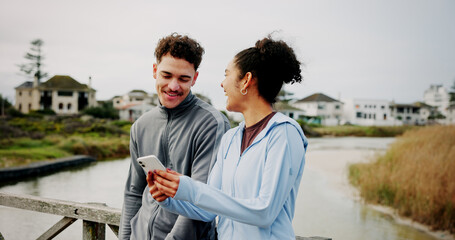 Workout, break and couple with phone on bridge for fitness meme, laughing and social media joke....