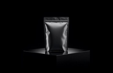 Metallic silver standing pouch on black reflective surface, dramatic backlight studio photo for luxury beauty or tech product branding