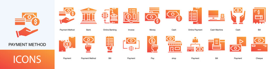 payment method icon collection set. Containing Bank, Online Banking, Invoice, Money, Cash, Online Payment icon