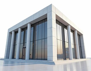 The modern architecture of the bank building is columnar with thick glass walls and sturdy classical pillars.