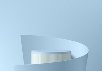 3D soft blue, white cylindrical podium background with roll wrap paper wall scene. Minimalist mockup pedestal, Abstract product display presentation, Stage showcase. Platforms vector geometric design.