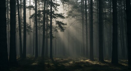 Moody forest foggy morning light tall pine trees mist light shafts deep green gray printable wallpaper meditation nature desktop generative ai
