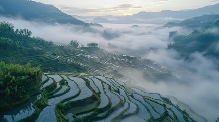 Misty, terraced rice paddies in a valley landscape.